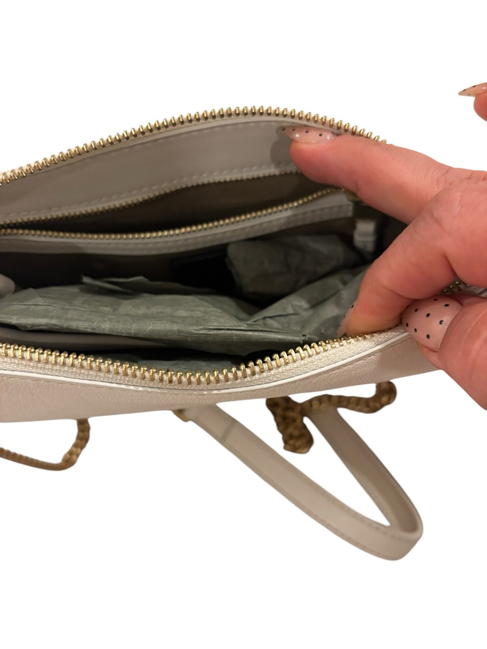 All Saint Leather Crossbody Bag in Cream with Gold Chain Strap - Picture 5 of 6